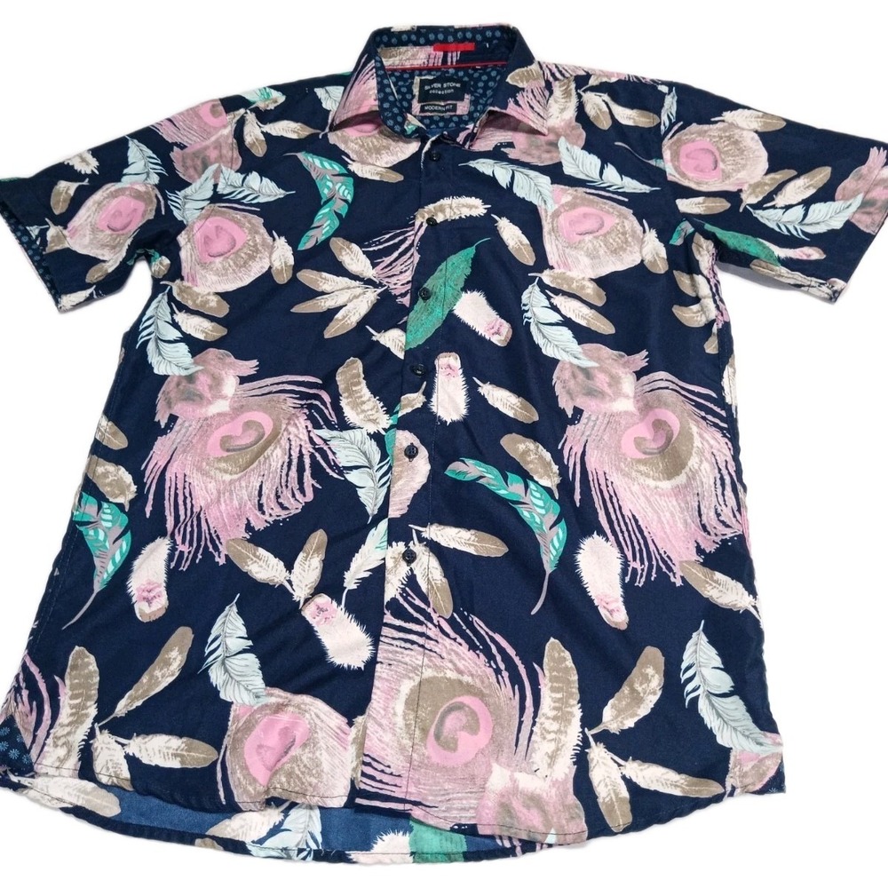 Silver Stone Collection Shirt Mens L Blue Feather Print Button Down Hawaiian